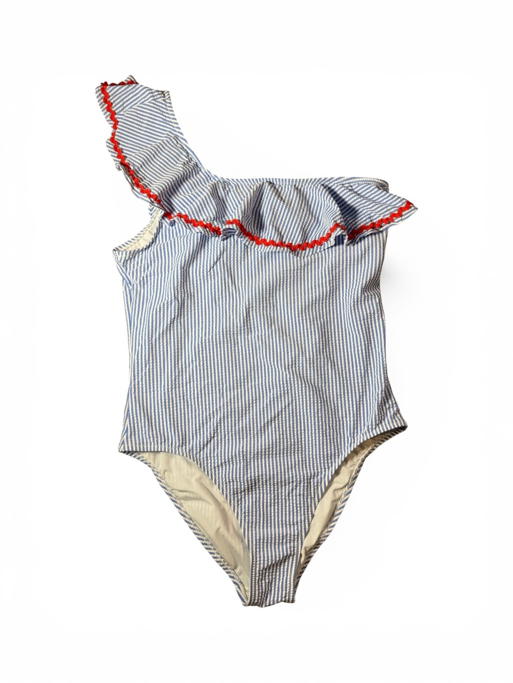 J.Crew Seersucker One Shoulder Swimsuit Red Ric Rac Trim Women's Large